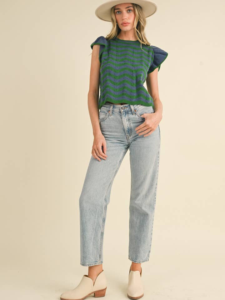 &MERCI - Wholesale Knit Sweater - Women's - WAVY STRIPES FLUTTER SLEEVE SWEATER TOP MSW1050980