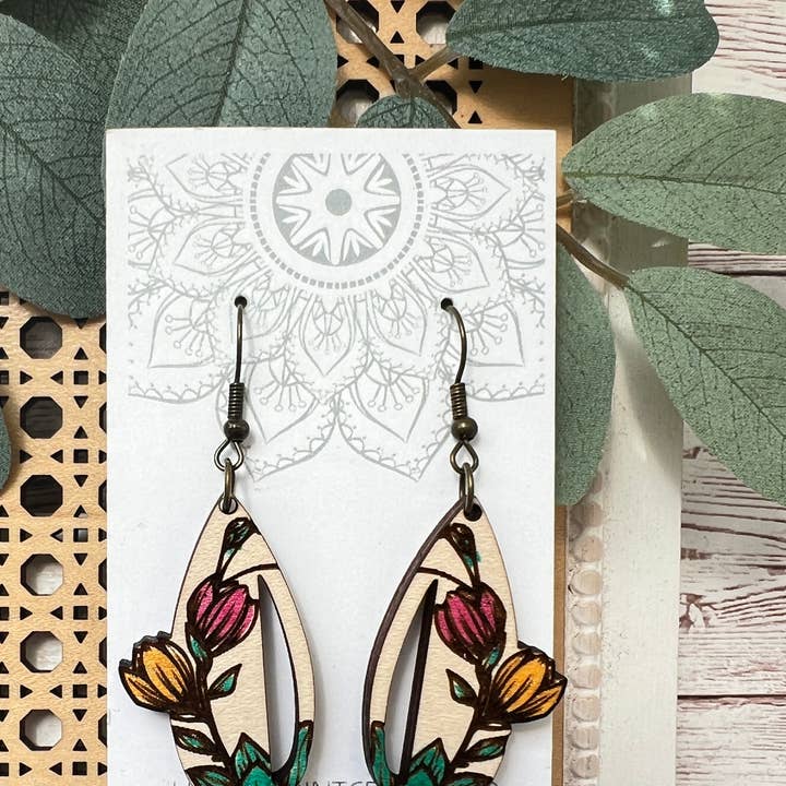 Boho tulips hand painted lightweight maple wood earring s for wholesale by Seasideblooms