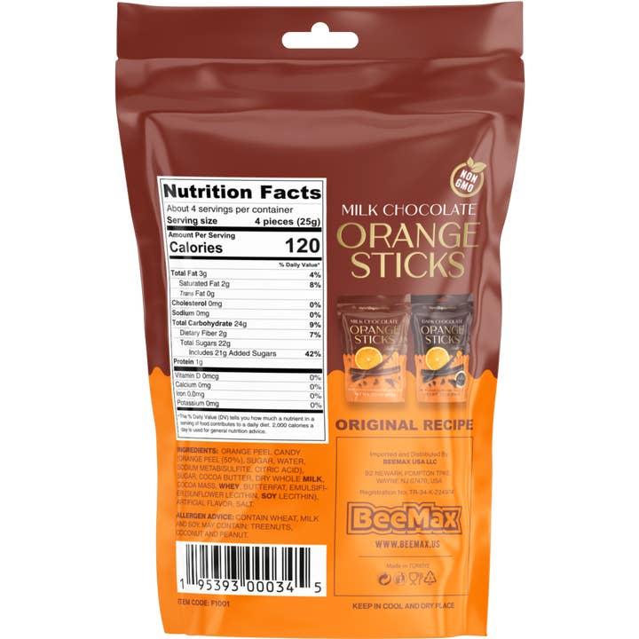 Beemax - Wholesale Fruit Snacks - Milk Chocolate Covered Dried Orange Sticks
