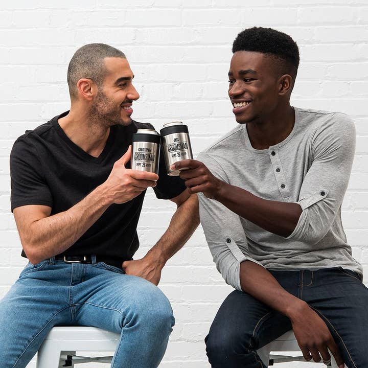 Weddingstar Inc. - Wholesale Drink huggers & koozies - Stainless Steel Insulated Beer Can Cooler - Sans Serif Groom3