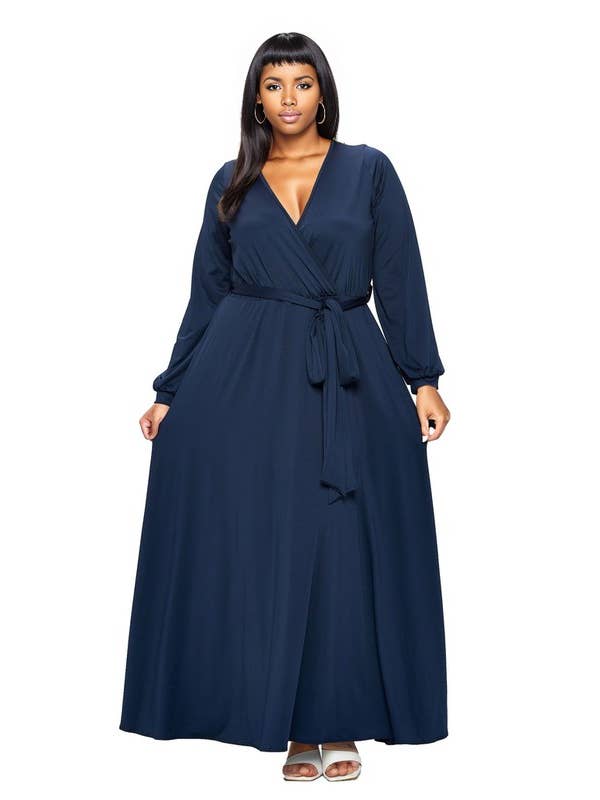 J2 FASHION - Wholesale Dress - Women's - Surplice Belted Maxi Dress