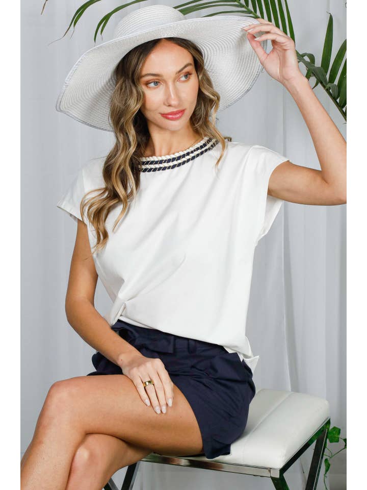 Vine & Love - Wholesale Knit Top - Women's - Braid Trim Round Neck Cotton Knit Top VT82394