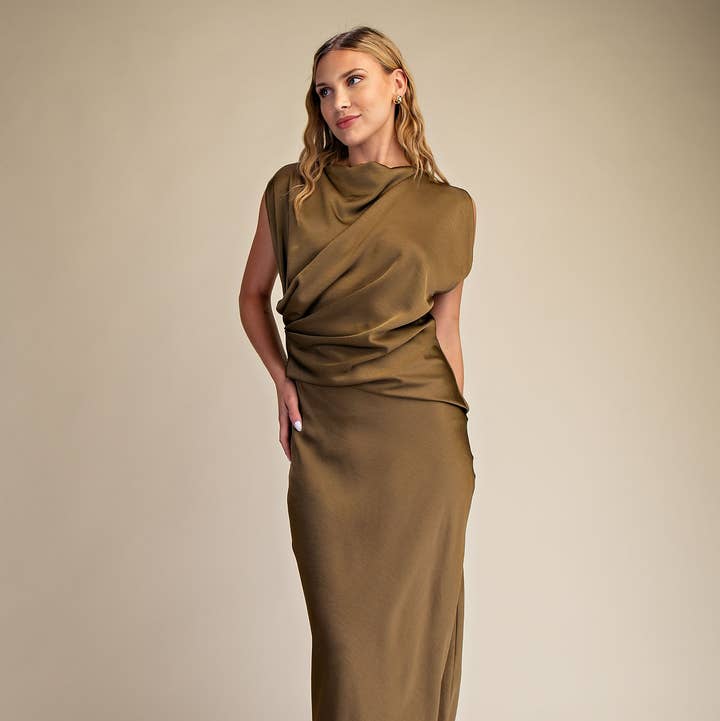 Mock Neck Column Ankle Length Satin Dress for wholesale by Glam