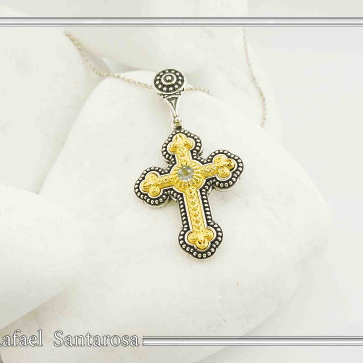 Byzantine sterling silver cross pendant with sky blue topaz for wholesale by RAFAEL SANTAROSA