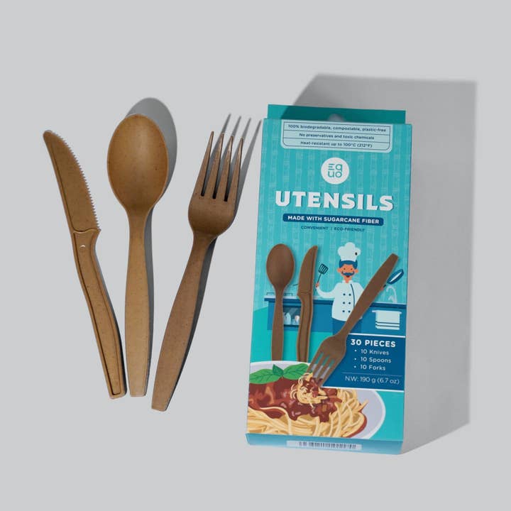 Sugarcane Utensils (Knives, Spoons, Forks) - Pack of 30 (10 each) for wholesale by EQUO