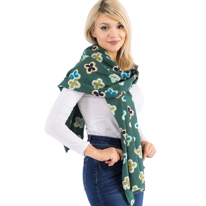 Cap Zone - Wholesale Scarf - Women's - Multicolor Clover Monogram Print Faux Cashmere Oblong Scarf