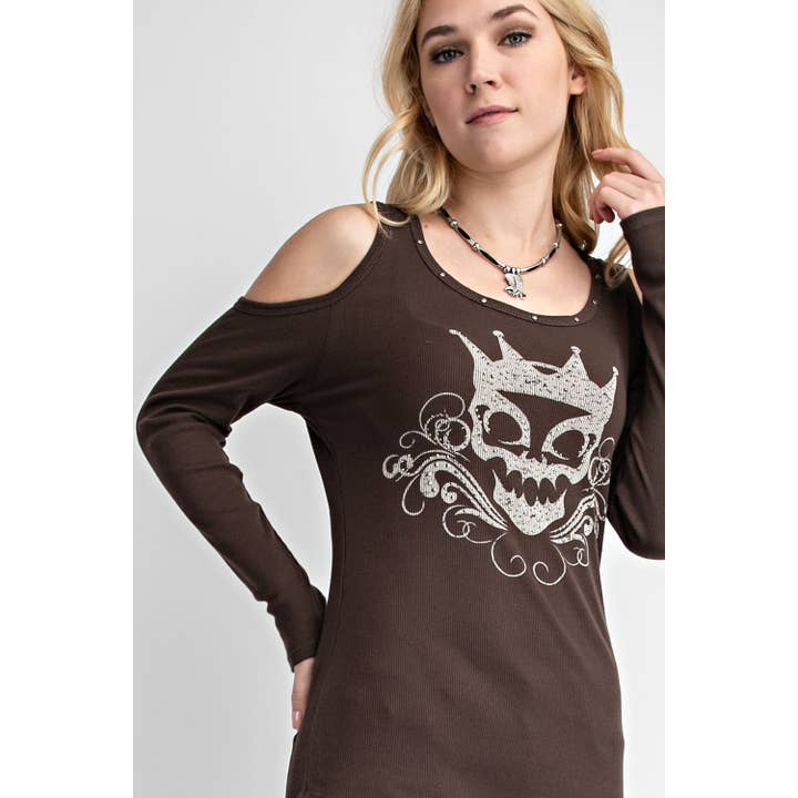 CROWN SKULL PRINTED COLD SHOULDER LONG SLEEVE TOP for wholesale by VOCAL