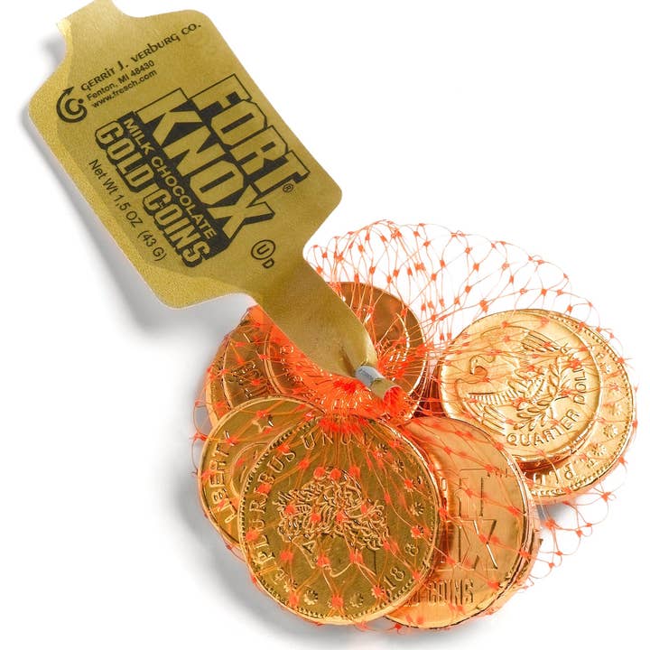 Long Island Candy Factory - Wholesale Chocolate - Fort Knox Milk Gold Coins 12 Ct 2 Oz Pouches Tray