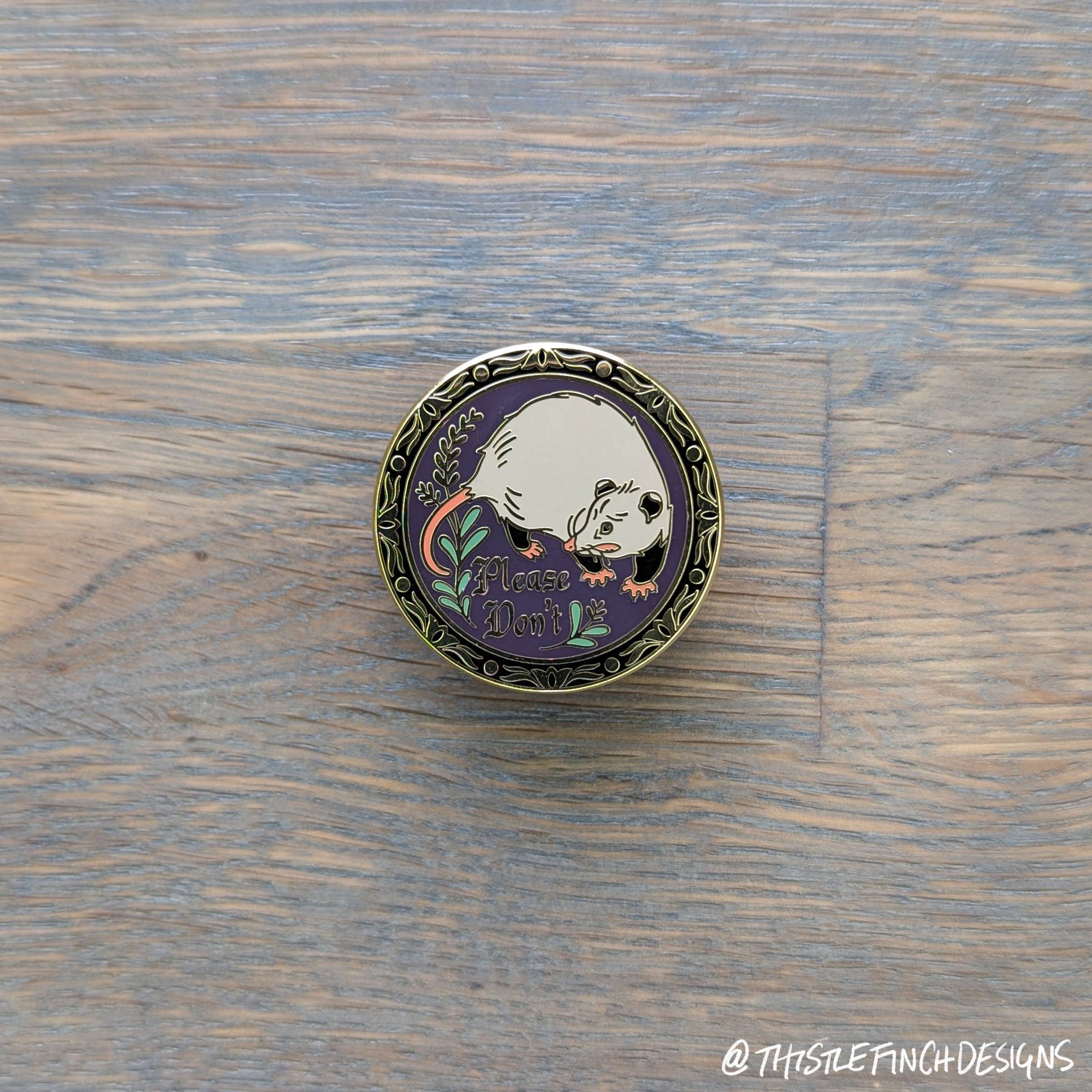 Thistle Finch Designs - Wholesale Lapel Pin/Button - Please Don't Opossum Hex Sign Gold Hard Enamel Pin