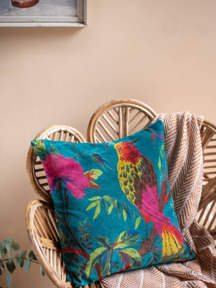 Blue Bird of Paradise Cotton Velvet Cushion Cover for wholesale by Ian Snow Ltd