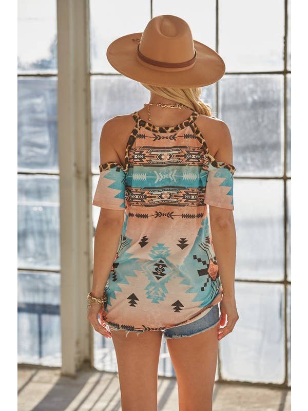 CORAL MINT AV1117-ANDY AZTEC LEOPAD CONTRAST TOP for wholesale on Faire8