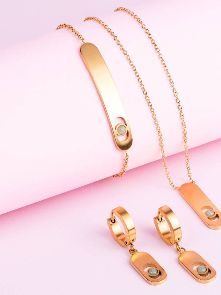 Set di 3 gioielli con finitura dorata e pietra di avventurina verde per la vendita all'ingrosso da parte di Didyma