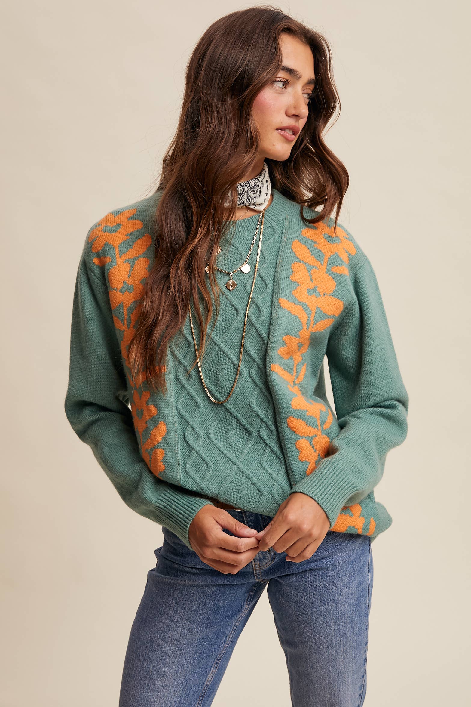Listicle - Wholesale Knit Sweater - Women's - Floral Panel Cable Knit Sweater (LSW0880)21