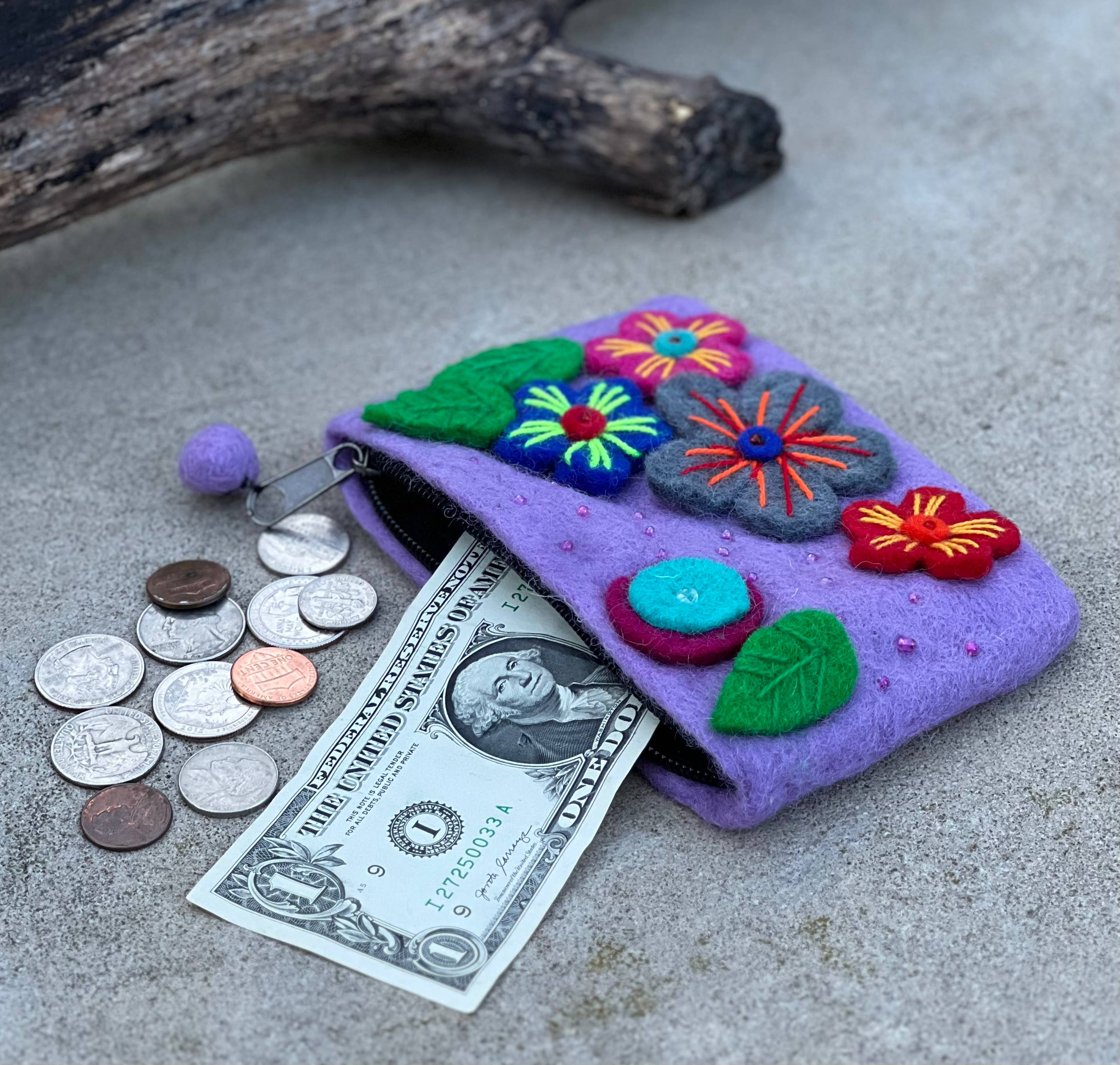 Lungta Imports - Wholesale Coin Purse - Women's - Felted Floral Coin Purse, Kids Pouch, Makeup Pouch12