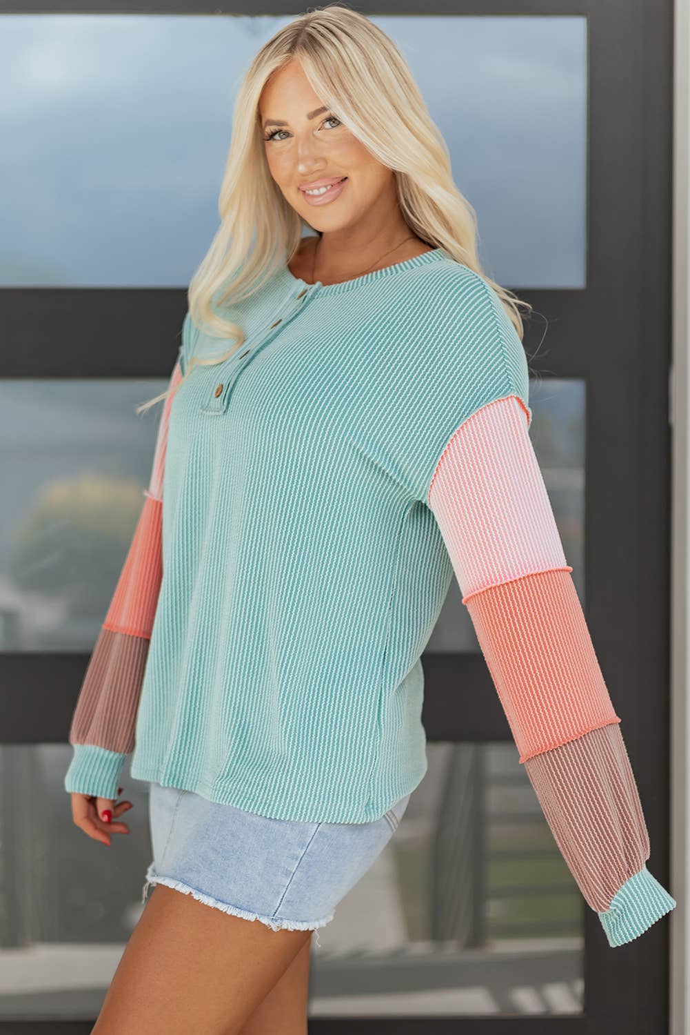 Multicolour Colorblock Corded Knit Long Sleeve Henley Top for wholesale on Faire2