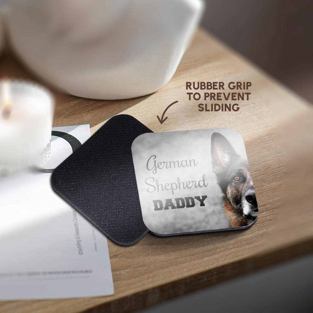 3dRose – Base de copos por atacado – 3dRose, Foto de um Pastor Alemão com "German Shepherd Daddy" em preto., Base para copos10