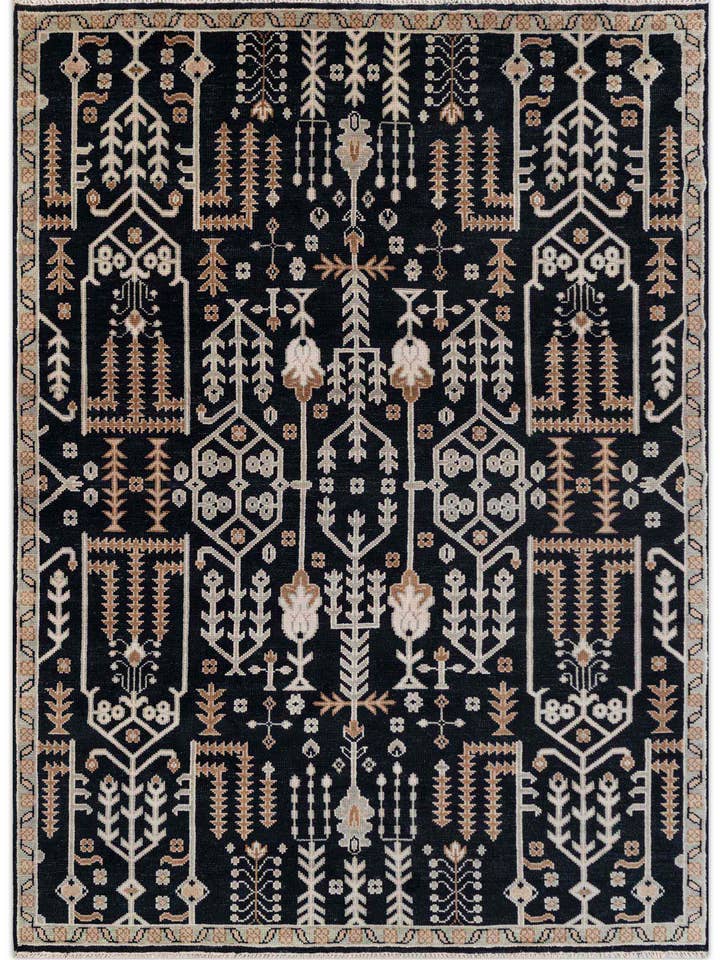 Tapis Oushak noué à la main : fond noir, motifs d'arbres - 9x12 pour la vente par Aesthetic Homes LLC