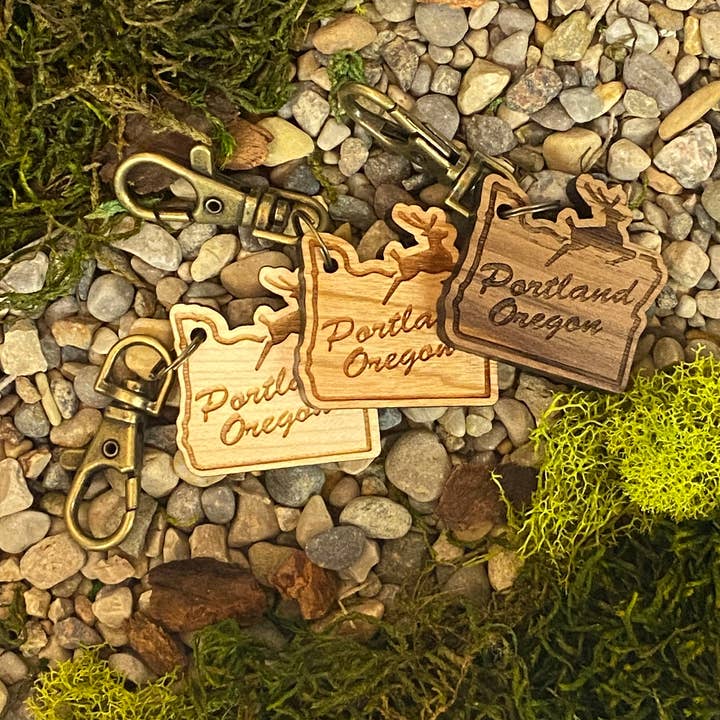 Portland Oregon Keychain - Engraved Solid Hardwood for wholesale by The Nostalgia Company
