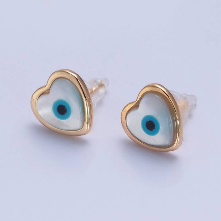 Gold Shell Pearl Heart Evil Eye Stud Earring T-464 for wholesale by Aim Eternal