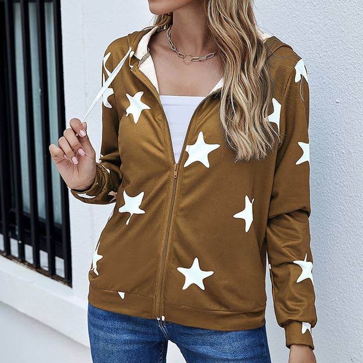 Stars Print Zip Up Long Sleeve Drawstring Hoodie for wholesale by Supreme Fashion
