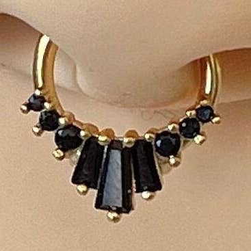Gold & Black Unique Septum Ring (16G | 8mm or 10mm | Surgical Steel | Gold w/Black CZs, Rose Gold w/Pink CZs, Silver w/Clear CZs) for wholesale by Elara Body Jewelry