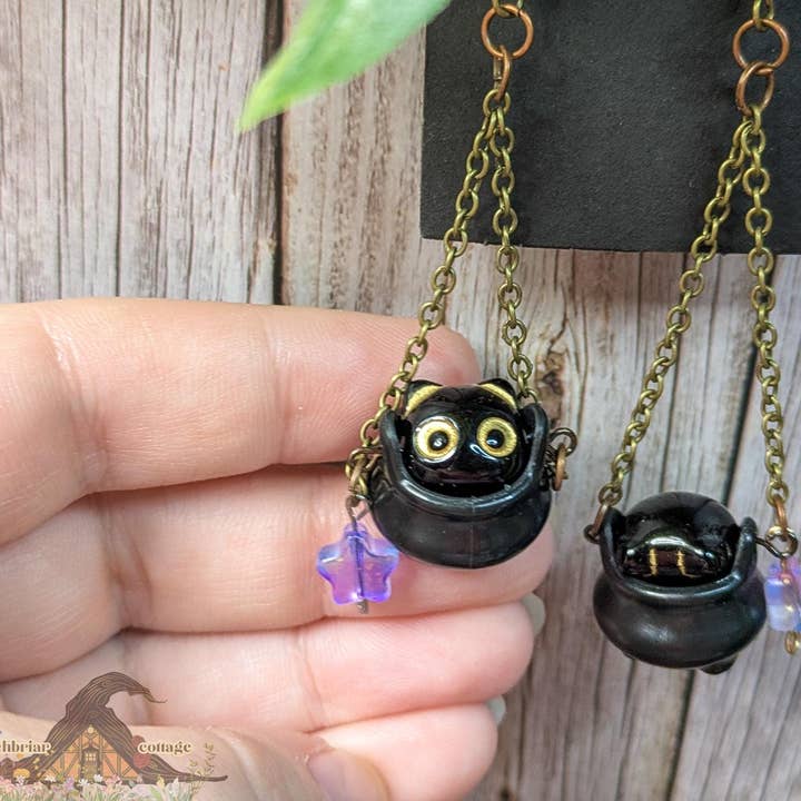 Witchy Cauldron Cat Earrings for Goth Girlfriend for wholesale by Witchbriar Cottage