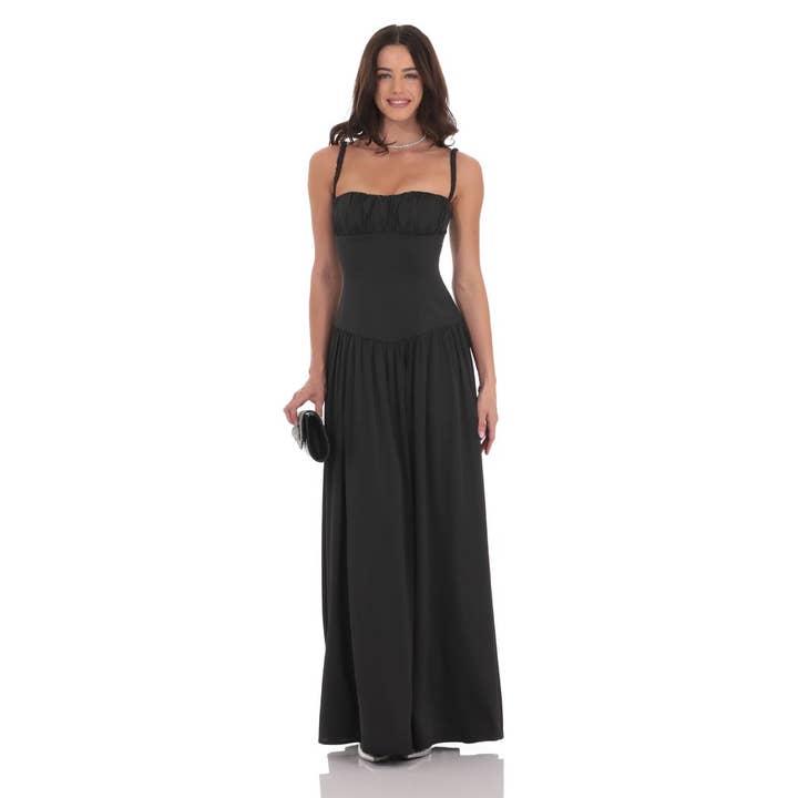 Lucy In The Sky - Wholesale Dress - Women's - Satin Ruched Bust Maxi Dress in Black