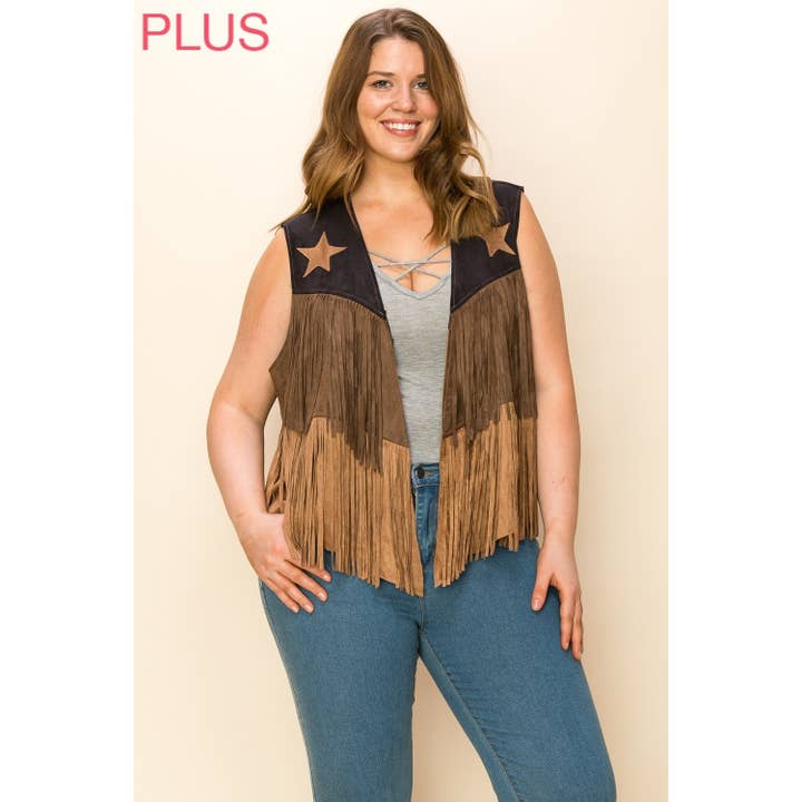 GILET À FRANGES EN DAIM COURBÉ À BLOCS DE COULEURS AVEC ÉTOILES pour la vente par VOCAL