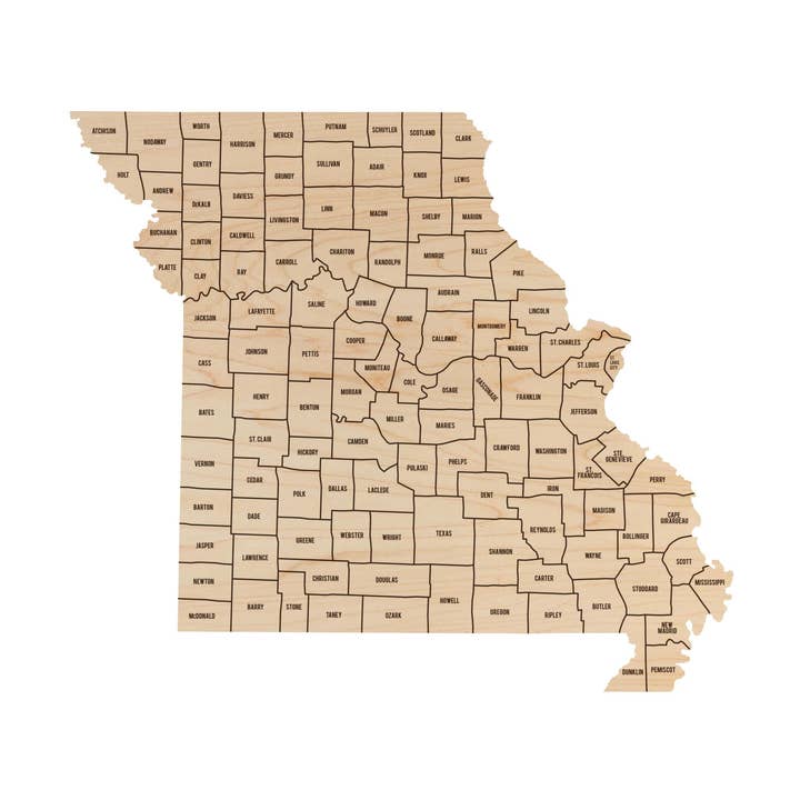 Missouri County Map Wall Hanging - Crafted from Cherry or Maple Wood for wholesale by LazerEdge