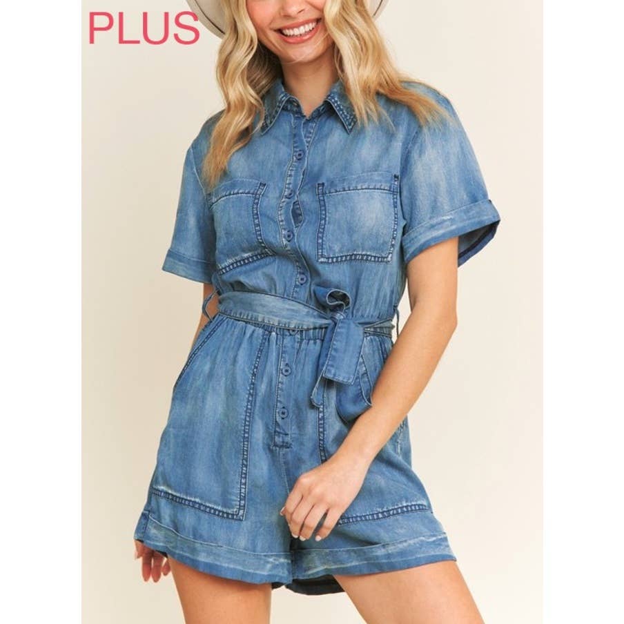 M.DENIM 9377X Plus Size Vasket Tencel Denim Krave Knap-Op Romper for engroshandel på Faire2