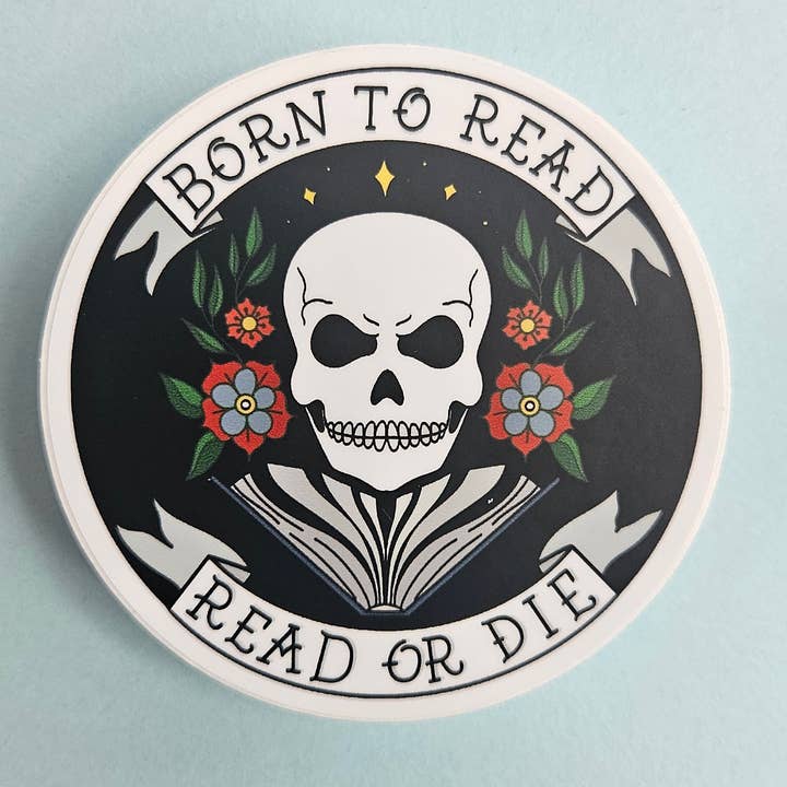 Born to Read Biker Patch-style Sticker for wholesale by Nerd Lady Designs