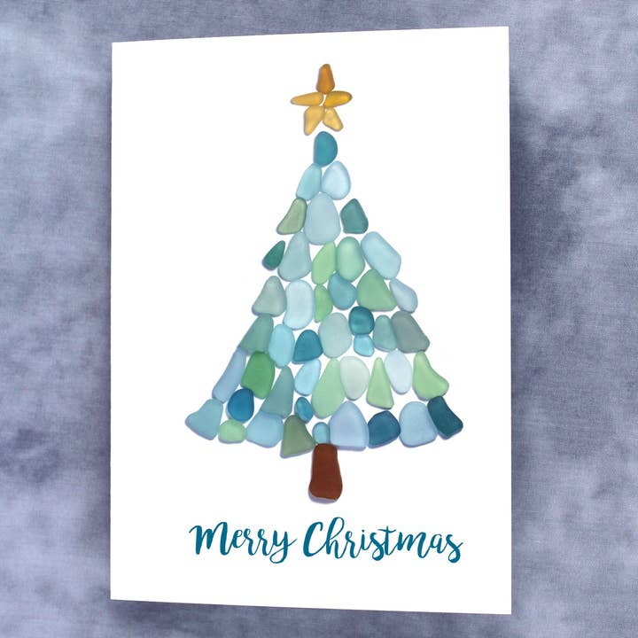 Etched by the Sea, Inc. - Wholesale Christmas Card - Sea Glass Sea Foam Christmas Tree Print Holiday Card