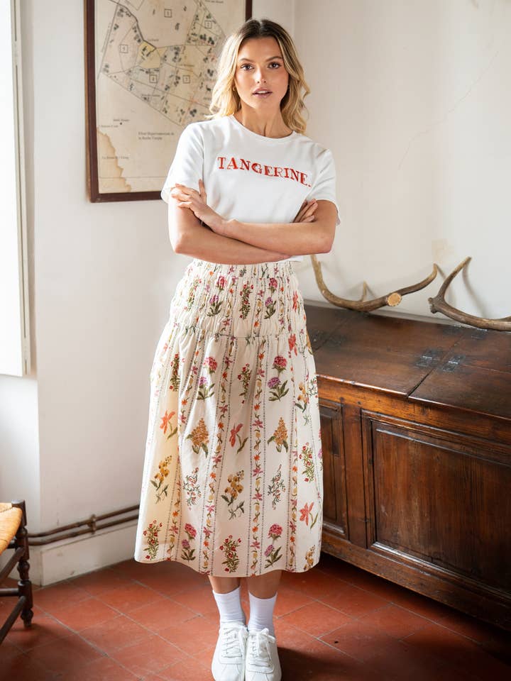 Saia midi fluida com estampado floral e cintura elástica - 6077 por atacado de Daphnea