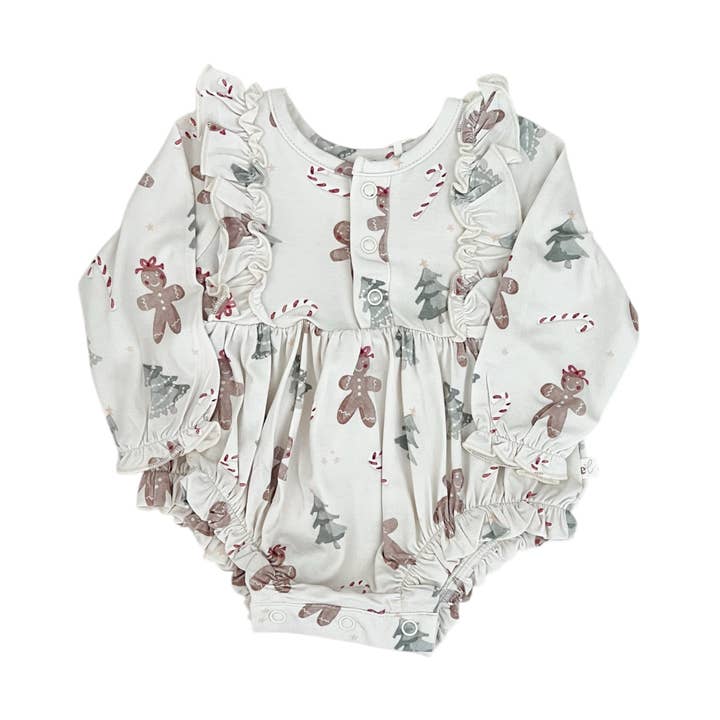 Bamboo Long Sleeve Ruffle Bubble Romper | Gingerbread for wholesale by Emi Lei