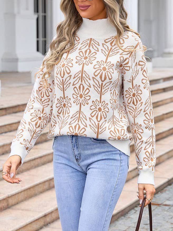 CWOSWL3108_CASUAL TURTLENECK PULLOVER FLORAL KNITTED SWEATER for wholesale by NINEXIS
