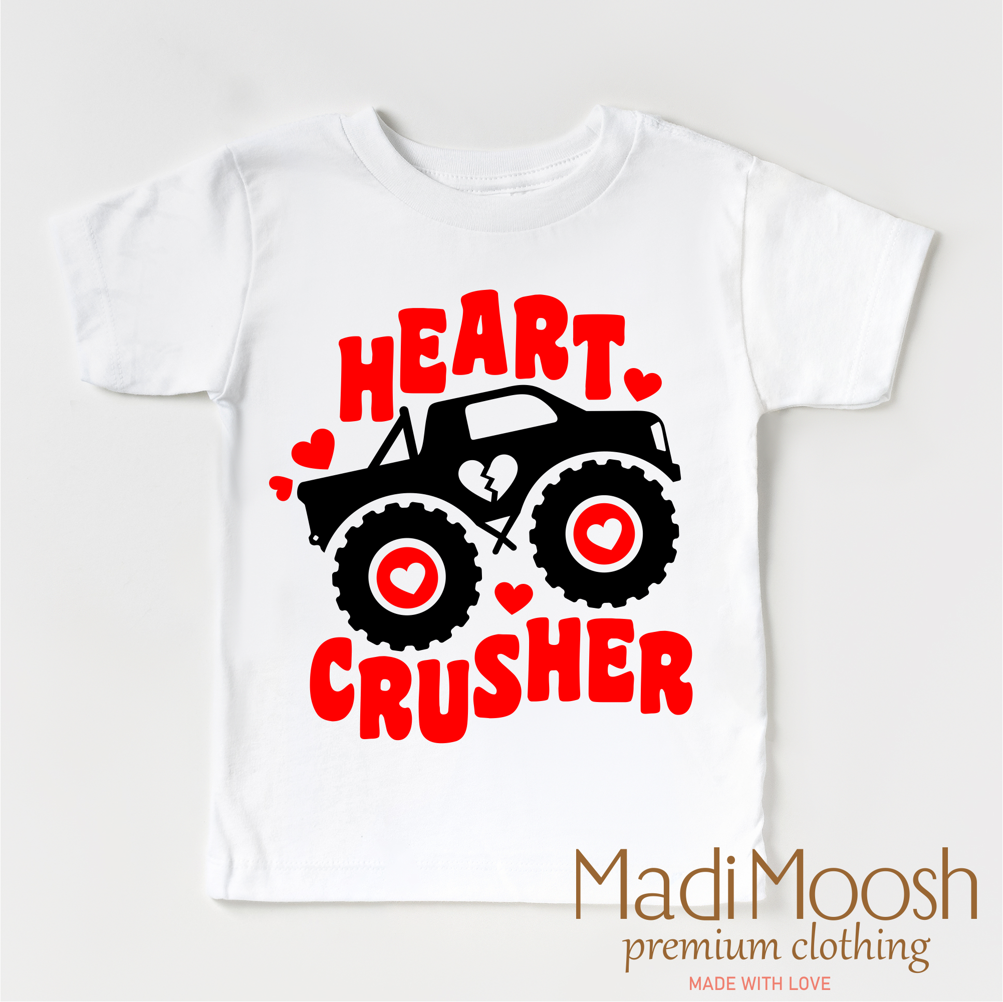 Madi Moosh - Vente T-shirt sérigraphié – enfant - T-shirt de Saint-Valentin Monster Truck Cœur Brisé - Tee de Saint-Valentin1