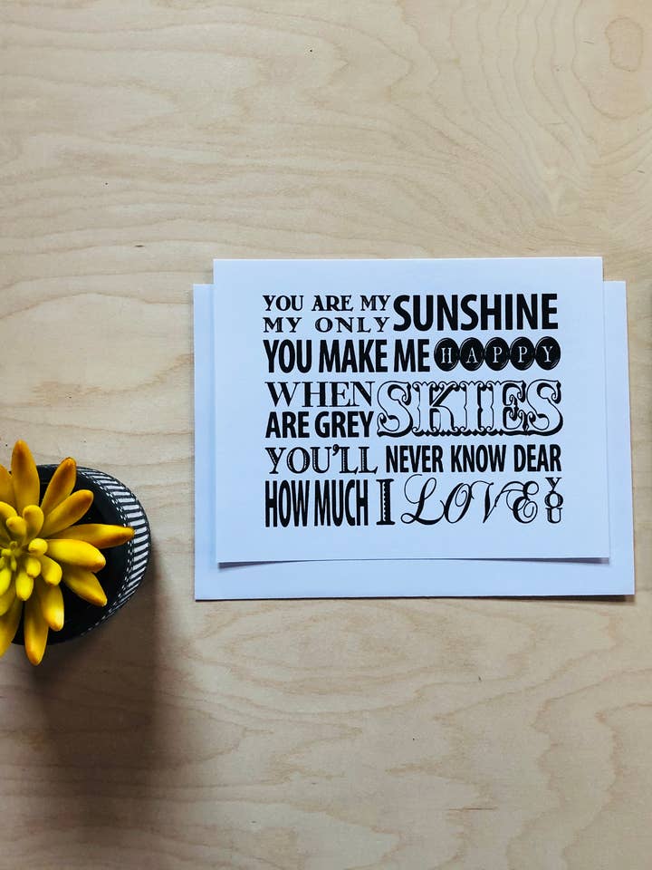 “You are my sunshine” greeting card for wholesale by Breakout Press Co.