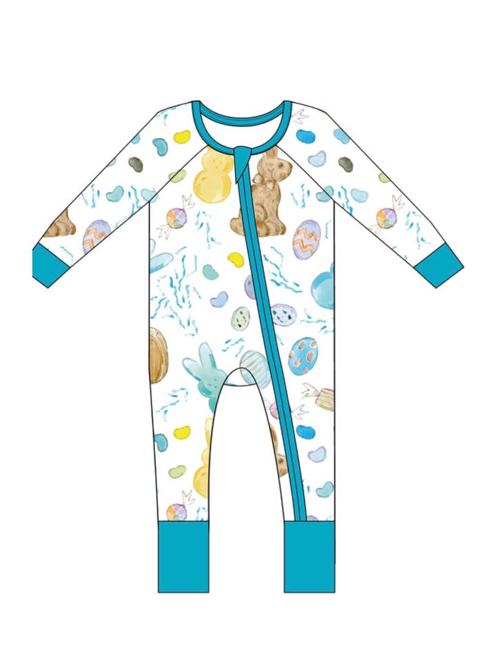 Sweet Bay Clothing – wholesale Jumpsuit – Baby – Easter Candy White/Blue Zipper Onesie1