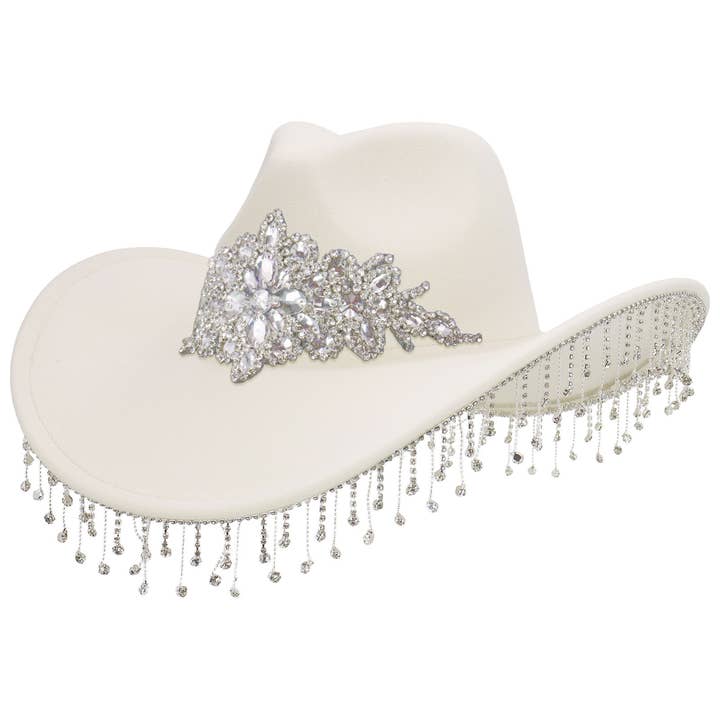 Cap Zone - Wholesale Cowboy Hat - Women's - Crystal Flower Bling Rhinestone Fringe Trim Cowgirl Hat3