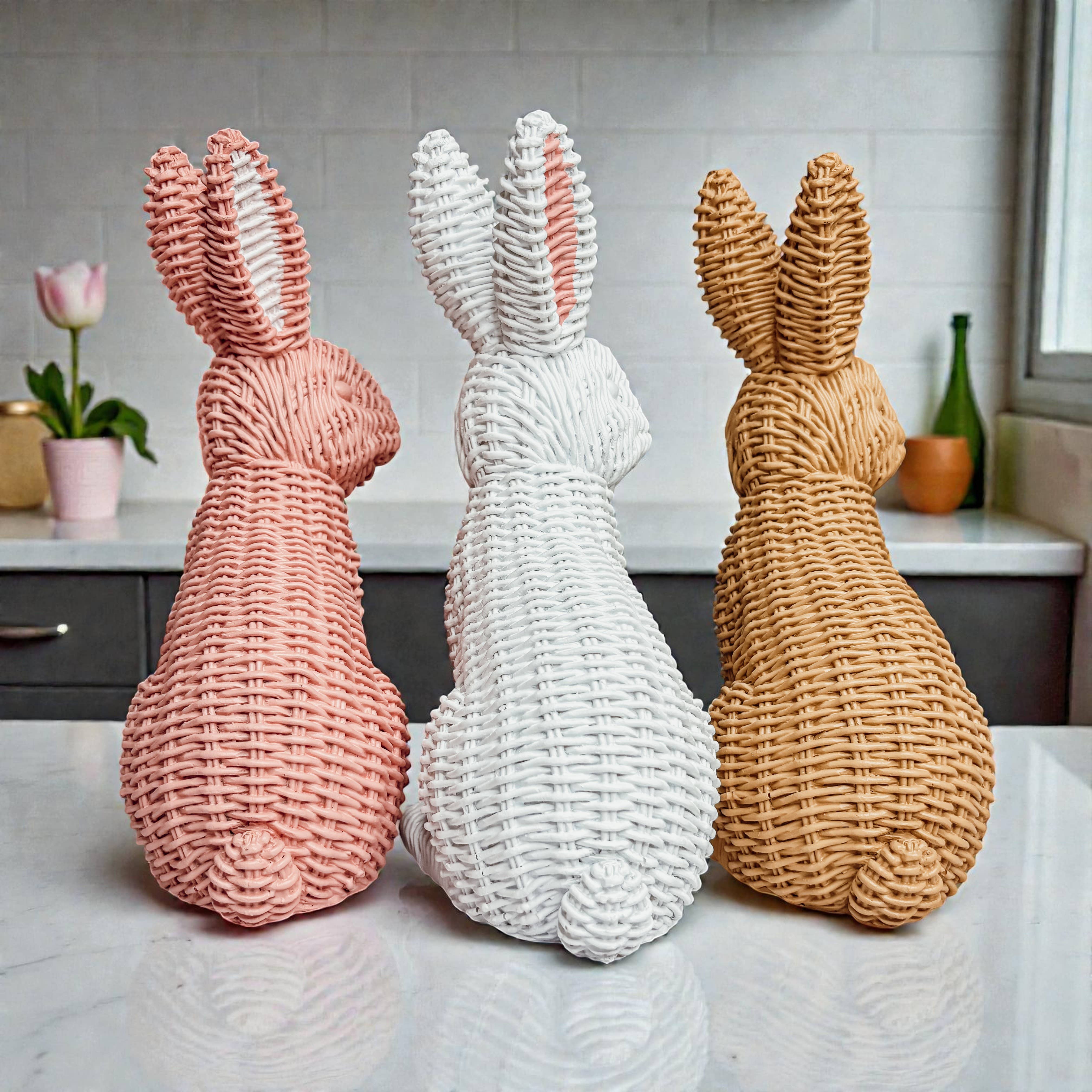 Gia Roma - Wholesale Sculpture - Easter Farmhouse Home Decor, Resin Bunny Figurine Rattan 43