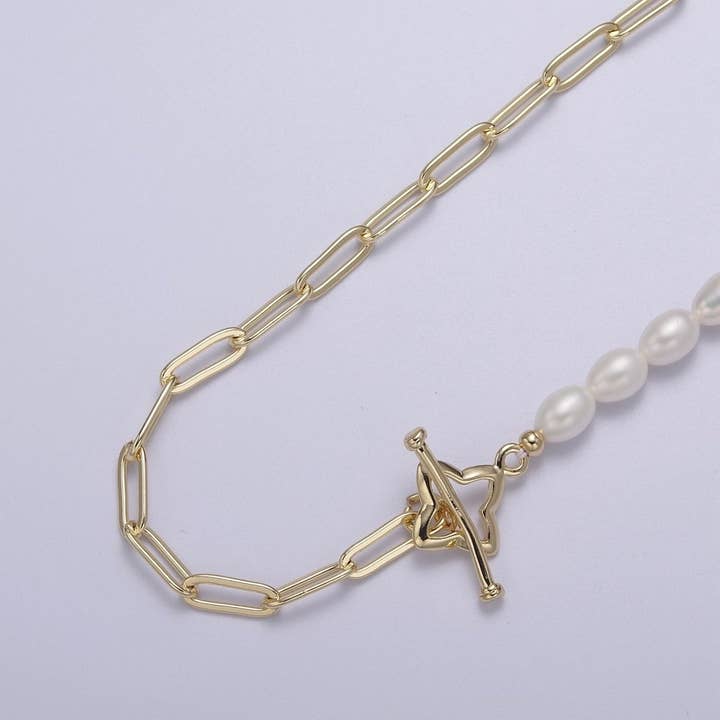 Aim Eternal - Wholesale Beaded/Pearl Necklace - 18k Gold Filled Paperclip Chain with Freshwater Pearls Layering Necklace Dainty Paperclip | WA-862 Clearance Pricing