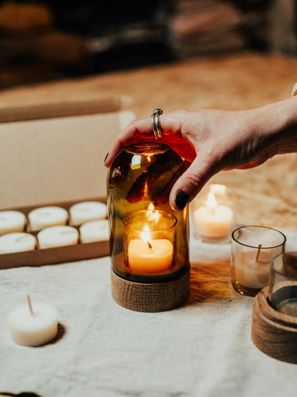 Rustic Wood & Recycled Olive Green Glass Dome for wholesale by Old Green