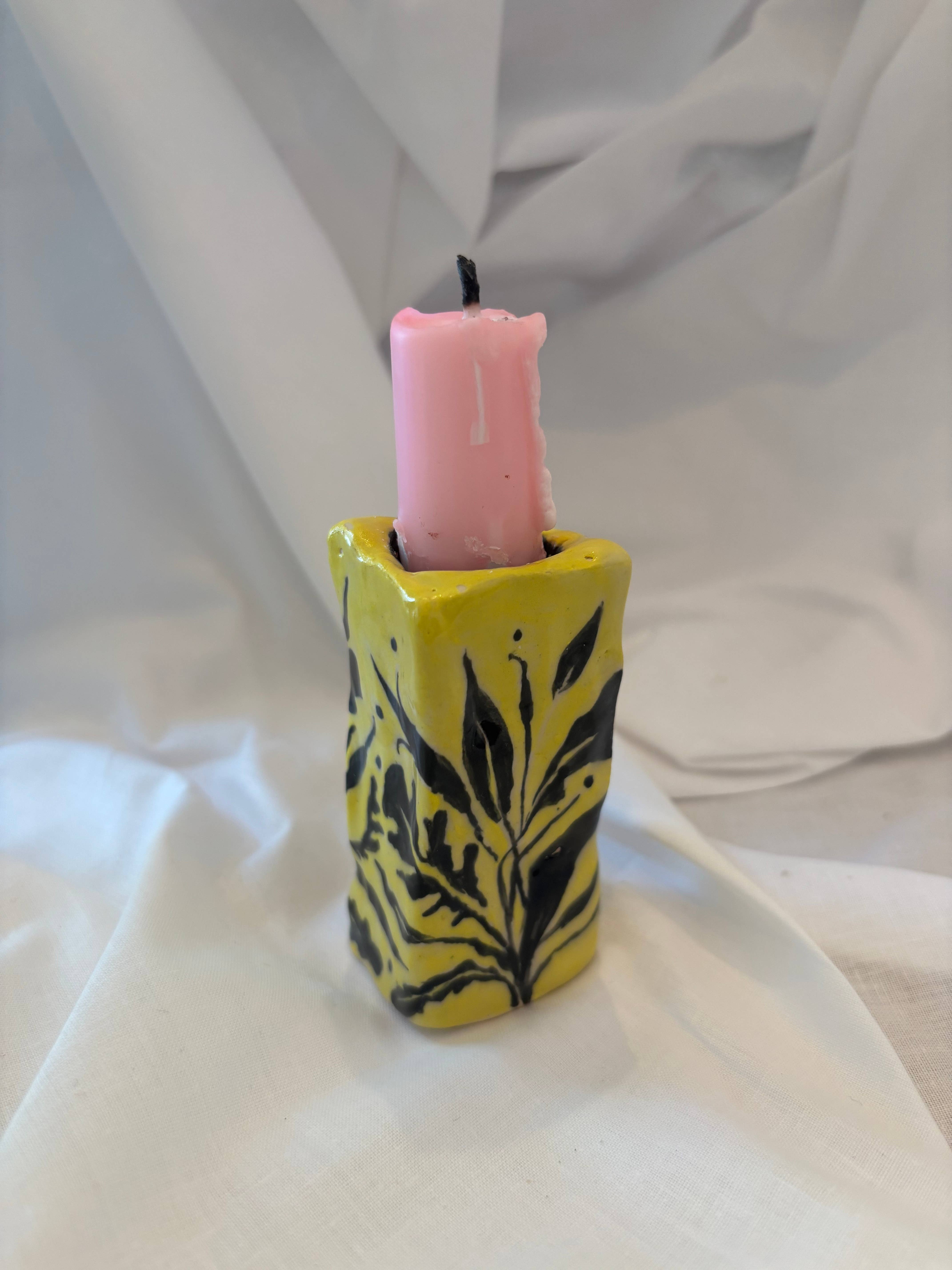 Tomekah George - Wholesale Candle Holder - Black leaves and sun - Candlestick, Ceramic, Candle Holder1