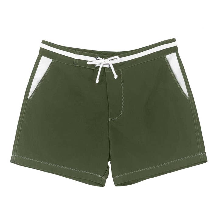 Badehose aus recyceltem Polyester - Khaki, weiße Details für den Großhandel von BLUEBUCK