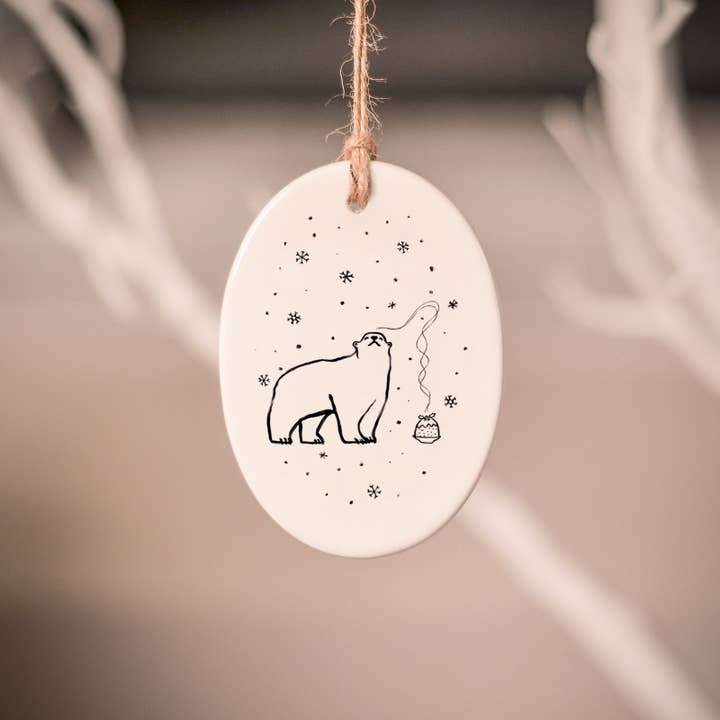 Christmas Pudding Polar Bear Ceramic Tree Decoration for wholesale by frog and gnome