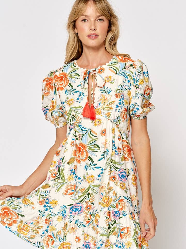 ILD5070 Puff Sleeve Floral Print Dress Front Tassel Detail for wholesale by Lalavon