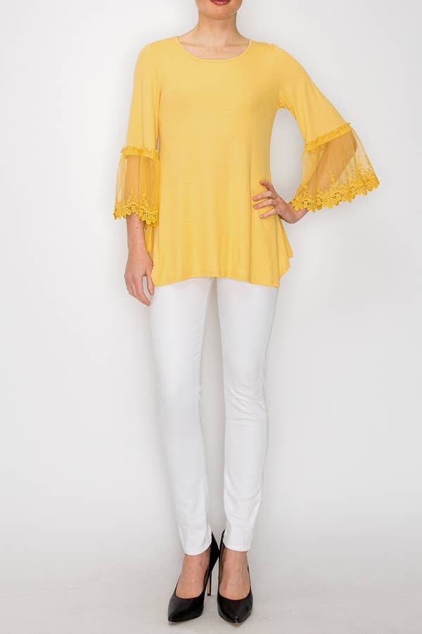 Origami Apparel ~  Lace and Crochet inspired - Venta al por mayor Túnica - Mujer - TOP TÚNICA CON ADORNOS DE ENCAJE EN LAS MANGAS-4480MOSTAZA1