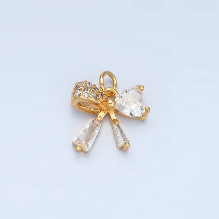 24K Gold Filled Heart CZ Ribbon Baguette Charm in Gold & Silver | E386 for wholesale by Aim Eternal