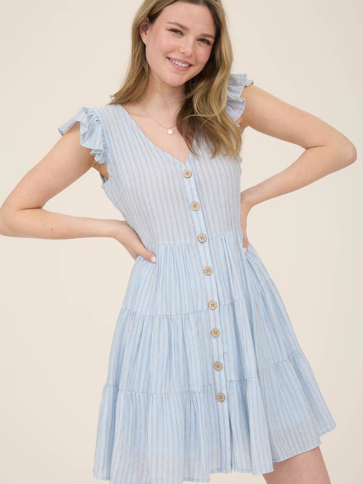 Blu Pepper - Wholesale Dress - Women's - STRIPE V NECK BUTTON DOWN TIERED MINI DRESS