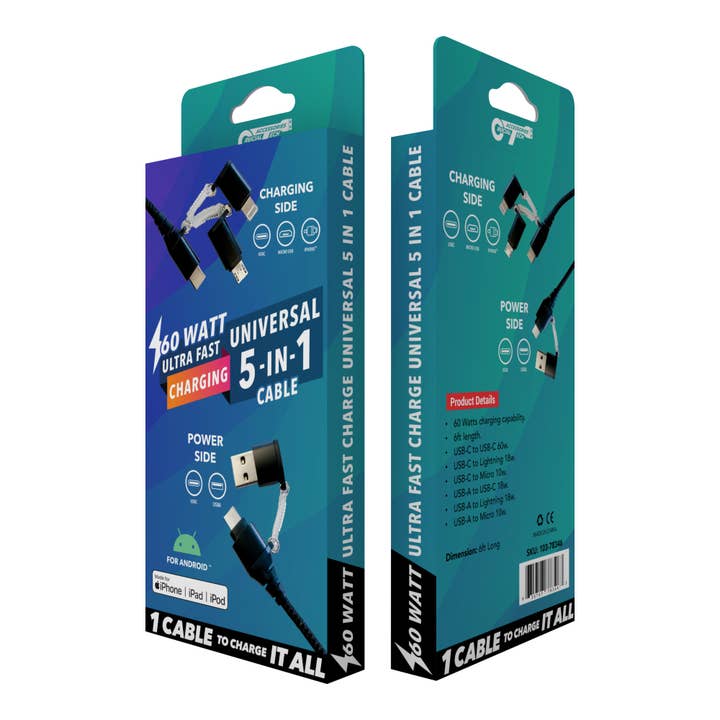 60 Watt Ultra Fast Charging Universal 5-In-1 Cable for wholesale by Smithco Distributing